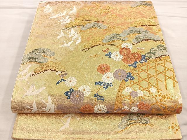 平和屋着物●六通柄袋帯　唐織　舞鶴籬花文　金糸　正絹　逸品　BAAM2750ea
