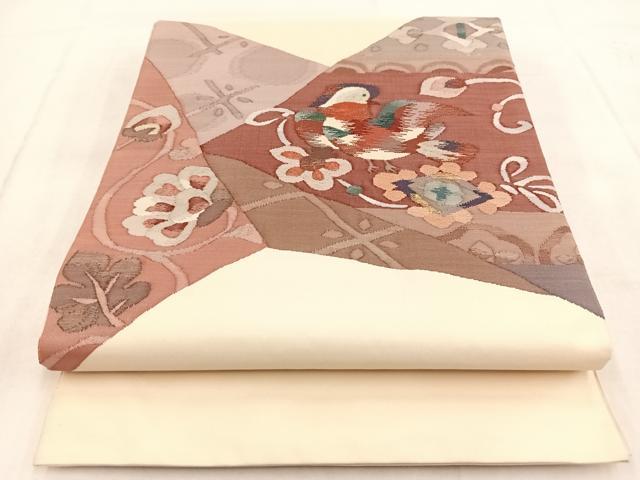 平和屋着物◎太鼓柄袋帯　すくい織　切嵌鴛鴦更紗花　正絹　逸品　BAAX3406yc