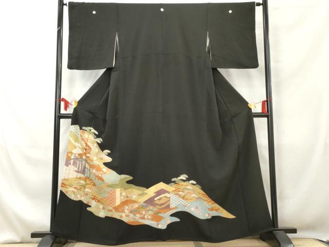 Kurotome - 平和屋着物■豪華黒留袖　駒刺繍　吉祥花松文　金彩　正絹　逸品　AAAZ6041cs