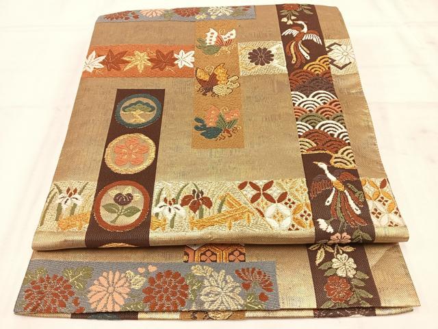 平和屋着物◎六通柄袋帯　唐織　短冊花文　金糸　正絹　逸品　AAAO4654yx
