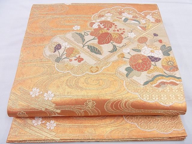 平和屋着物◎六通柄袋帯　唐織　雲取り草花文　金銀糸　逸品　BAAF0057th