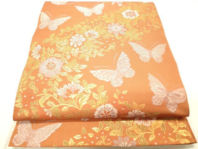 平和屋着物◎全通柄袋帯 花蝶文 金糸 正絹 逸品 DABB9210ya