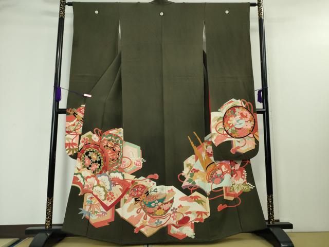 平和屋本店■極上　アンティーク　大正ロマン　振袖　鼓冊子楽器文　黒地　金彩　逸品　DZAA4338kh5