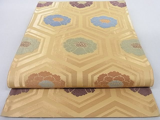 平和屋着物◎全通柄袋帯　唐織　亀甲花文　金糸　正絹　逸品　AAAD6117Ajz