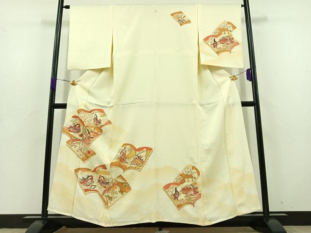 ■■■　サイズ　■■■ 身丈 157cm（肩から） 裄丈 64cm 袖丈 53cm　縫込み 5cm 袖幅 32cm 前幅 23cm 後幅 31cm 着物縫いこみ 内揚げ 2cm 裄 お袖側 約2cm　身頃側 約1cm ■■■　商品詳細　■■■ 【正絹・一つ紋】 状態は接写画像のように上前おくみ・後身頃・下前・両袖前後に薄い汚れがございますが その他特に目立ったシミ汚れなどもなく大変良い状態です。 大変上質な逸品になります。 お安く出品致しますので、是非この機会にいかがでしょうか？ ■■■　注意事項　■■■ ■モニター発色の具合により色合いが異なる場合がございます。 ■寸法は多少の誤差が生じる場合がございますのでご了承ください。 ■縫込みの長さが左右非対称の場合は短い部分を記載しております。 左右非対称であってもご返品・お値引き等の保証は出来かねますので、ご了承の上ご購入をお願い致します。 ■シミ等のチェックには注意を払っておりますが、見落としがある場合もございますし、個人の見解も様々ですので神経質な方のご購入はお控えください。 ■箪笥に入っておりました着物や帯なので畳みシワや匂いがあるものもございます。 ■お休みは基本的に土日祝となりますが、その他臨時でお休みする場合がございますのでご了承ください。 ■商品の発送は平日のみの発送となります。 ■夜間と土曜、日曜日はお問い合わせの回答が遅れる場合がございます。 ■当店では、お直し、紋入れ、お手入れ等は承っておりません。 ■生地の状態（ヤケ、経年劣化等）によってはサイズ直しが出来ない場合がございます。 その点もどうかご了承のうえ、ご購入をお願いいたします。 ■弊社で取り扱う商品は一点ものにつき、時期や在庫状況に応じて金額が変更となる場合がございます。 ■検針は行っておりません。予めご了承いただきますようお願いいたします。 ■【洗える着物】と記載のある商品におきましては、商品お届け後に洗濯を行ってしまってからのご返品にはご対応しかねます。 念の為、専門店でのお手入れをお願いいたします。 ■着物のサイズ目安は下記を参考ください↓ ＜女性着物＞　お端折り次第で＋5cm　−1cmが着用可能サイズ 　例）身丈170cmの場合、身長160cm〜175cm ＜男性着物＞　身丈＋約25cm〜27cm程が適応身長 　例）身丈155cmの場合、身長180〜182cm