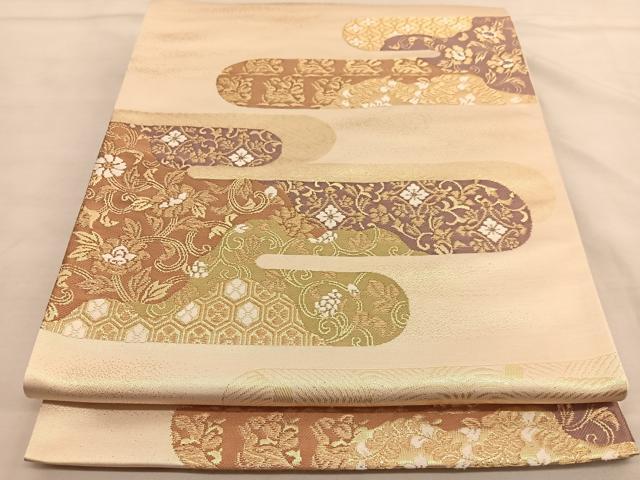 平和屋着物◎全通柄袋帯　唐織　絵霞花繋ぎ　金糸　正絹　逸品　BAAT3781hv