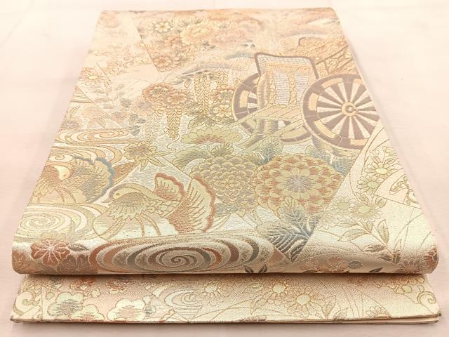 平和屋着物◎六通柄袋帯　切嵌御所車花鳥文　金銀糸　正絹　逸品　BAAU8796yc