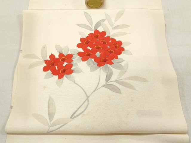 平和屋着物▼塩瀬　名古屋帯　帯反物　手描き　桔梗　逸品　未使用　DABB6318we