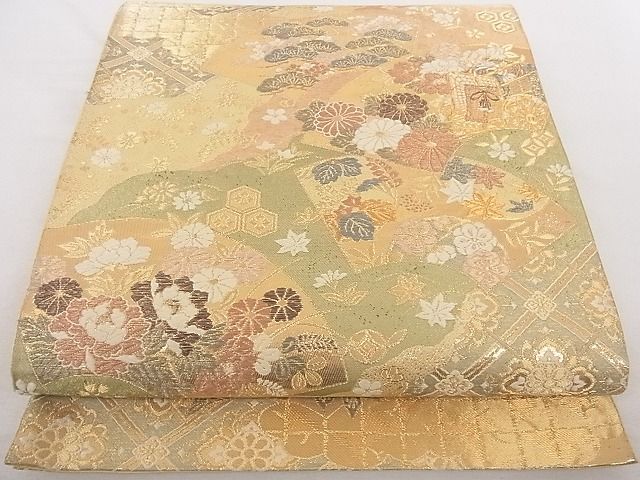 平和屋着物■六通柄袋帯　道長扇面小袖文　金糸　正絹　逸品　B-cy7770