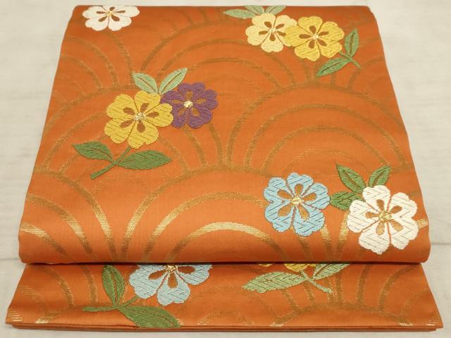 平和屋着物◎六通柄袋帯 唐織 花 青海波 金糸 正絹 逸品 AAAO5094sx