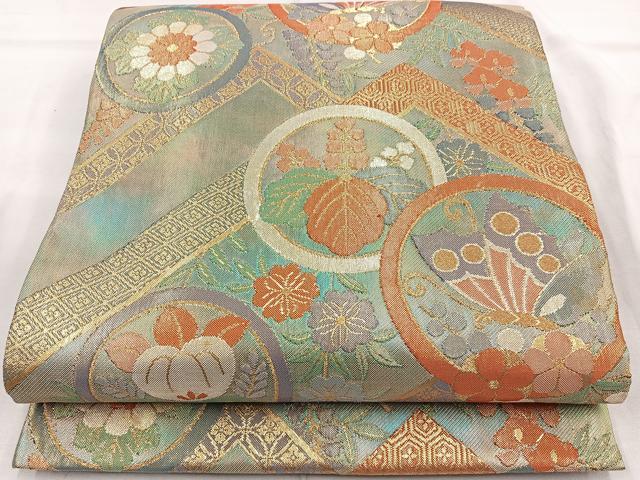 平和屋着物◎六通柄袋帯　花蝶丸文　金糸　正絹　逸品　BAAR2922cm