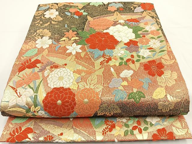 平和屋着物◎六通柄袋帯　唐織　糸車花文　金糸　正絹　逸品　BAAR9731cm