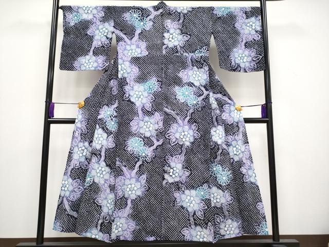 平和屋着物■極上　夏物　浴衣　有松鳴海絞り　枝花文　紫黒色地　やまと誂製　綿　逸品　CYAA3134s5