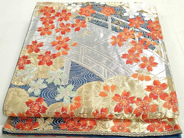 平和屋着物◎六通柄袋帯　唐織　渡橋桜文　金銀糸　正絹　逸品　DAAX7676qa