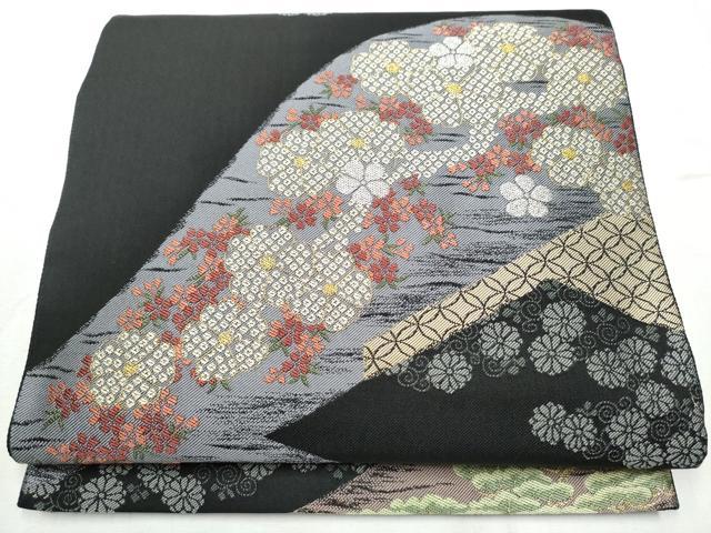 平和屋着物●西陣　津村織物謹製　六通柄袋帯　鐘紡製美術館　重要文化財　染地四孝草花文　金銀糸　正絹　逸品　CABB9432hy