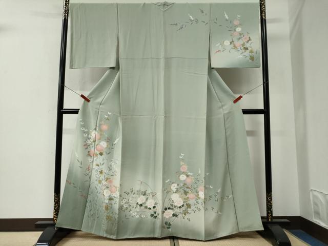 Full-Length Under-Kimono - 平和屋着物●訪問着　友禅　枝菊文　暈し染め　正絹　逸品　CABE3008yc