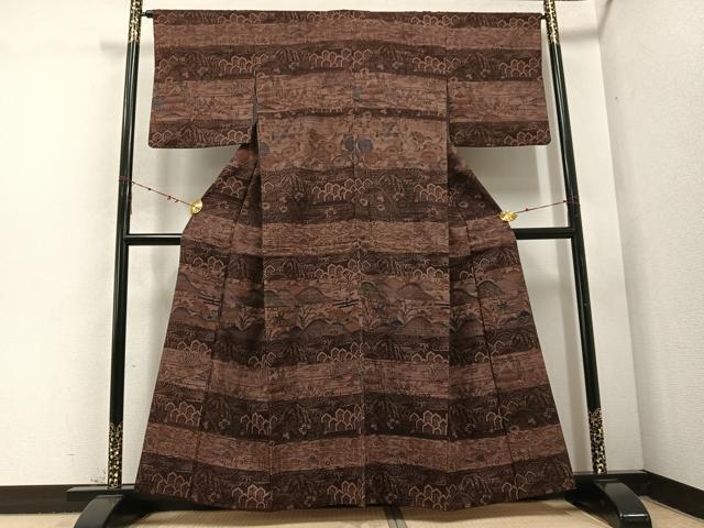 平和屋着物●訪問着 紬地 型染め 風景草花文 正絹 逸品 AABD1001ph