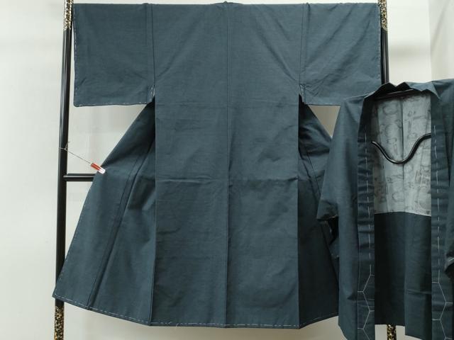 平和屋着物●男性 紬 アンサンブル 色無地 留紺色 正絹 逸品 未使用 CAAS7376yc