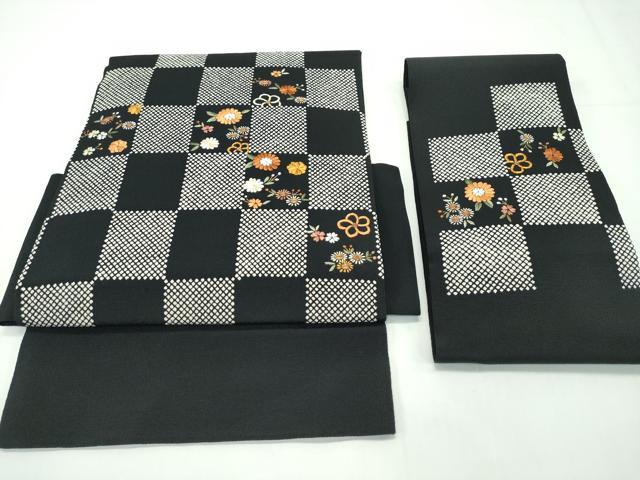平和屋本店■極上　つけ帯　総刺繍　駒刺繍　市松花文　黒地　鬼しぼ縮緬　逸品　CZAA1676s5
