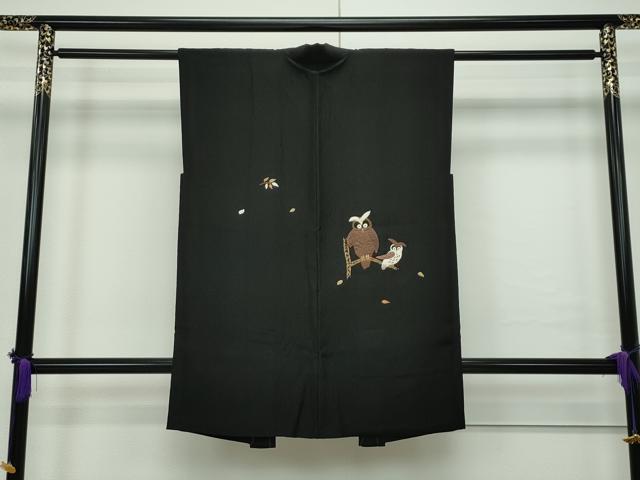 平和屋本店■極上　袖なし羽織　刺繍　パッチワーク　フクロウ　黒地　金糸　反端付き　逸品　未使用　CZAA1687s5