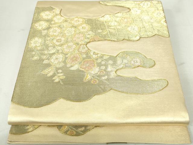 平和屋着物◎太鼓柄袋帯　駒刺繍　枝花文　金糸　正絹　逸品　DAAX7620qa