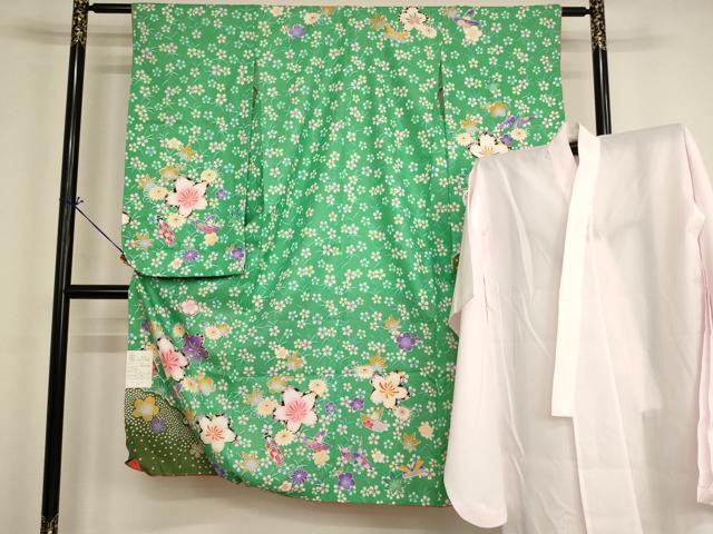 平和屋着物[]七五三　女の子　7歳　祝着　四つ身　長襦袢（単衣）セット　草花文　折り紙　未使用　AABH2999ja