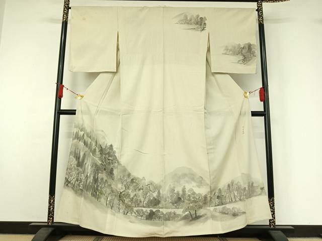 平和屋着物▽訪問着　単衣　紬地　作家物　手描き　風景文　正絹　逸品　AABJ1549jh