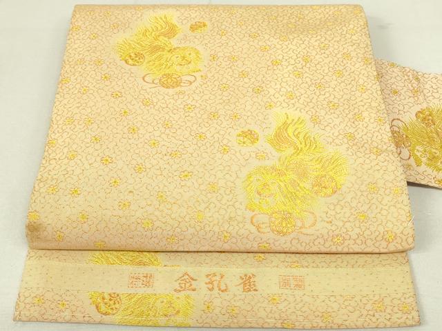 平和屋着物◎アンティーク　大正ロマン　全通柄九寸名古屋帯　金孔雀　狆　犬　正絹　逸品　DAAX7370qp