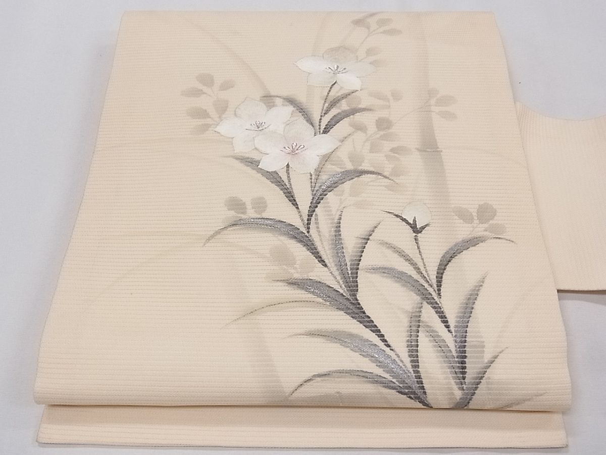 平和屋着物■夏物 九寸名古屋帯 作家物 手描き 枝花文 銀彩 逸品 CAAG0314fb