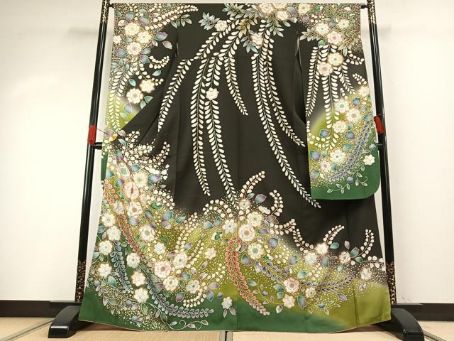 Uramono - 平和屋着物●豪華振袖　駒刺繍　辻が花　暈し染め　黒地　金彩　正絹　逸品　AABH0483fy