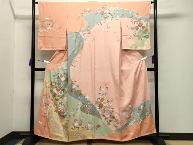 Rakuten - 平和屋着物●訪問着　作家物　駒刺繍　流水草花文　金彩　正絹　逸品　未使用　CABB0194gh