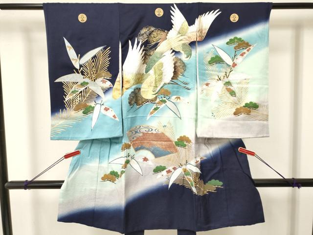平和屋着物[]お宮参り　男の子　祝着　産着　初着　のしめ　飛鶴笹松文　暈し染め　金銀彩　逸品　DAAY3387ma