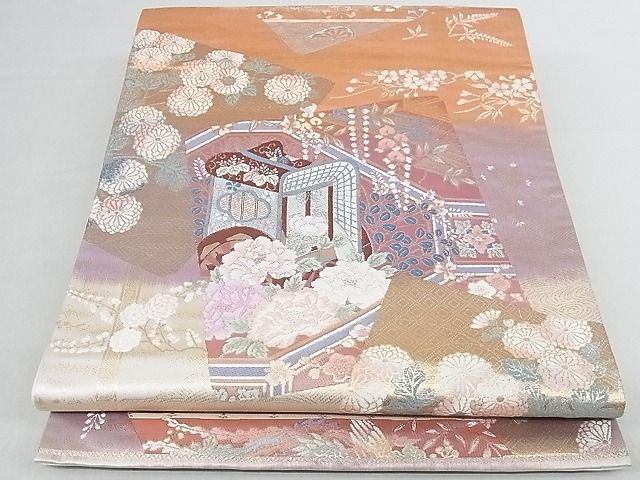 平和屋着物■六通柄袋帯　唐織　色紙御車文　金糸　正絹　逸品　A-hg1887