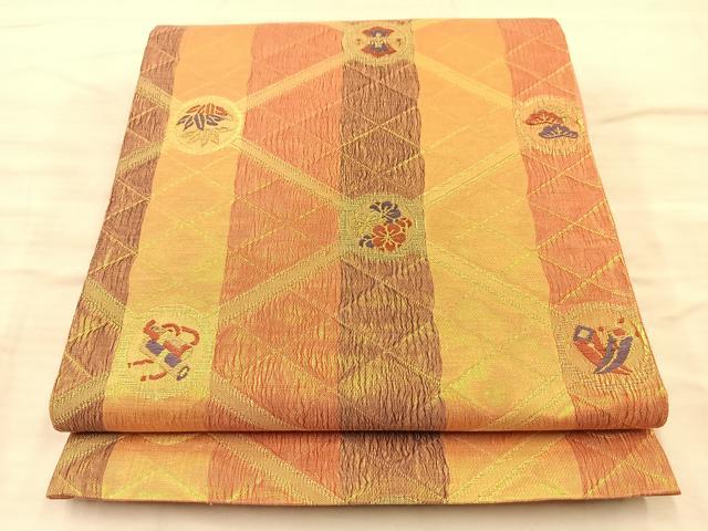 平和屋着物◎六通柄袋帯　ベール織　彩金銀箔　宝尽くし花丸文　金糸　正絹　逸品　BAAQ4331du