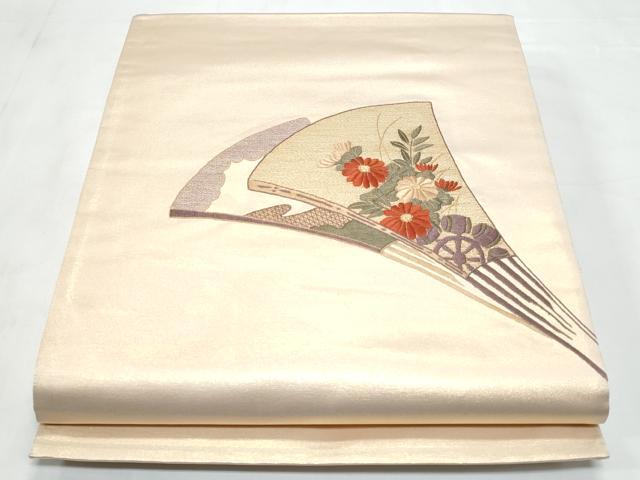 平和屋着物◎太鼓柄袋帯 総刺繍 扇面花文 金糸 引箔 正絹 逸品 CABB3685fb