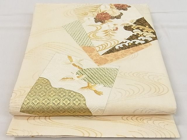 平和屋着物■六通太鼓柄袋帯 絞り 刺繍 切嵌 色紙重ね花鳥文 金糸 逸品 rv9124
