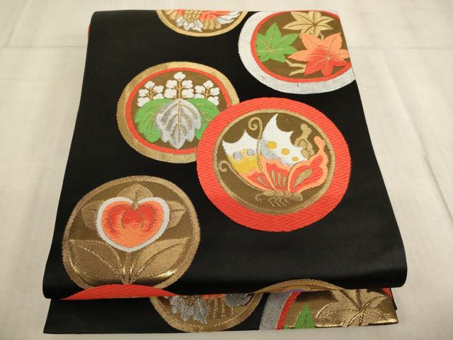 平和屋着物∵子供 全通柄袋帯 唐織 花蝶丸文 黒地 金銀糸 逸品 AABE2164ja