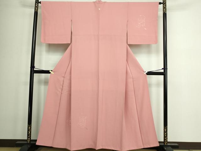 平和屋着物■中国三大刺繍　汕頭刺繍　スワトウ刺繍　総刺繍　無地絵羽訪問着　貝桶花文　紅梅色　正絹　逸品　DAAZ9872sf