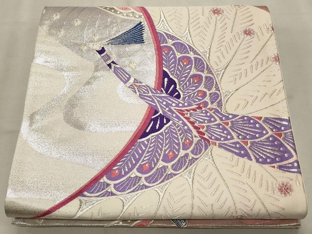 平和屋着物◎六通柄袋帯 孔雀文 銀糸 正絹 逸品 CAAT0119ft