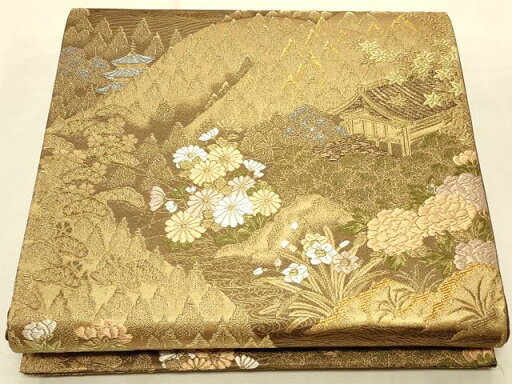 平和屋着物◎六通柄袋帯 風景流水草花文 金銀糸 正絹 逸品 CAAT0126ft 平和屋着物◎六通柄袋帯 風景流水草花文 金銀糸 正絹 逸品 CAAT0126ft