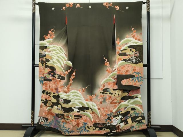 平和屋着物●極上　アンティーク　大正ロマン　振袖　刺繍　松竹梅　暈し染め　黒地　逸品　CZAA4770s6
