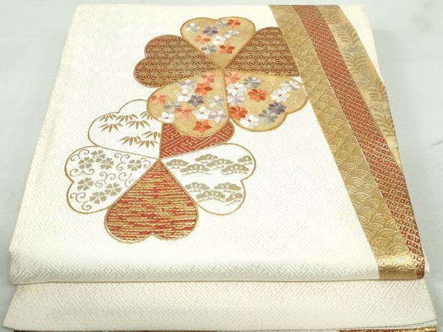 平和屋着物◎六通柄袋帯　駒刺繍　花笹松文　金彩　正絹　逸品　DAAX7607qa