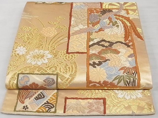 平和屋着物■六通柄袋帯　唐織　色紙重ね鳳凰草花文　金糸　正絹　逸品　AAAC6607Asx