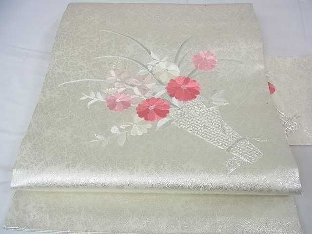 平和屋着物■九寸名古屋帯　駒刺繍　草花文　銀糸　逸品　DAAA4268ar