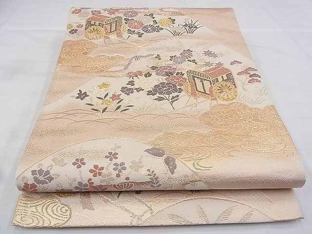 平和屋着物◎六通柄袋帯　唐織　御所車飛鶴草花文　金糸　逸品　BAAG0175if