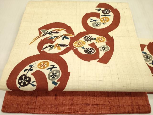 平和屋着物●人間国宝 芹沢圭介一番弟子　下平清人　九寸名古屋帯　紬地　草花　正絹　逸品　DABB7554op