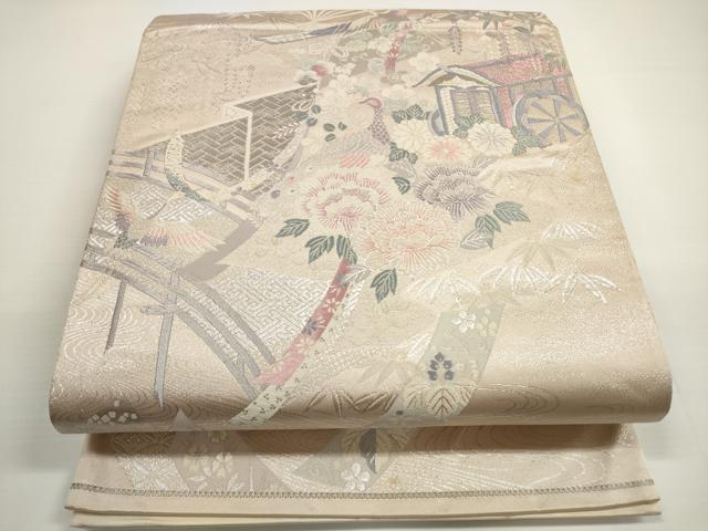Rakuten - 平和屋着物◎六通柄袋帯　唐織　渡橋御所車花鳥文　プラチナ箔九百錦　正絹　逸品　DABB8396xg