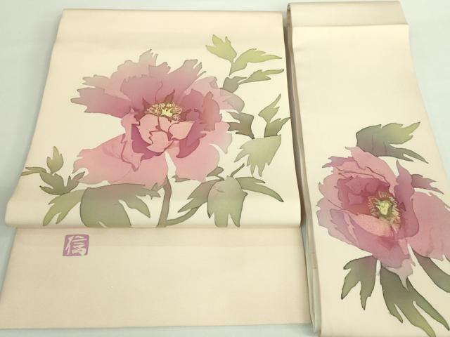 平和屋着物○塩瀬 内山晴祥 手描き 九寸名古屋帯 枝花文