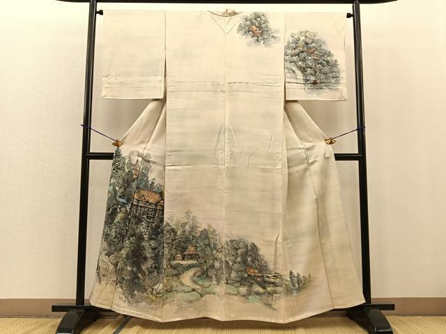 平和屋着物▽訪問着 単衣 手描き 風景文 正絹 逸品 BAAS5346ui