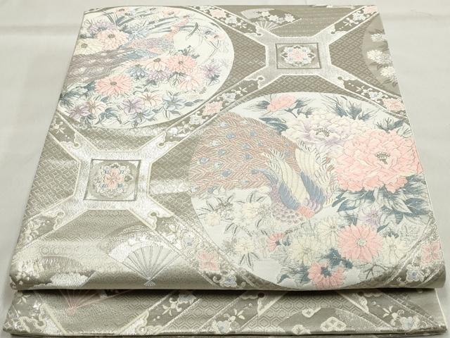 平和屋着物◎六通柄袋帯　唐織　蜀江花鳥文　銀糸　正絹　逸品　DAAU1475qa